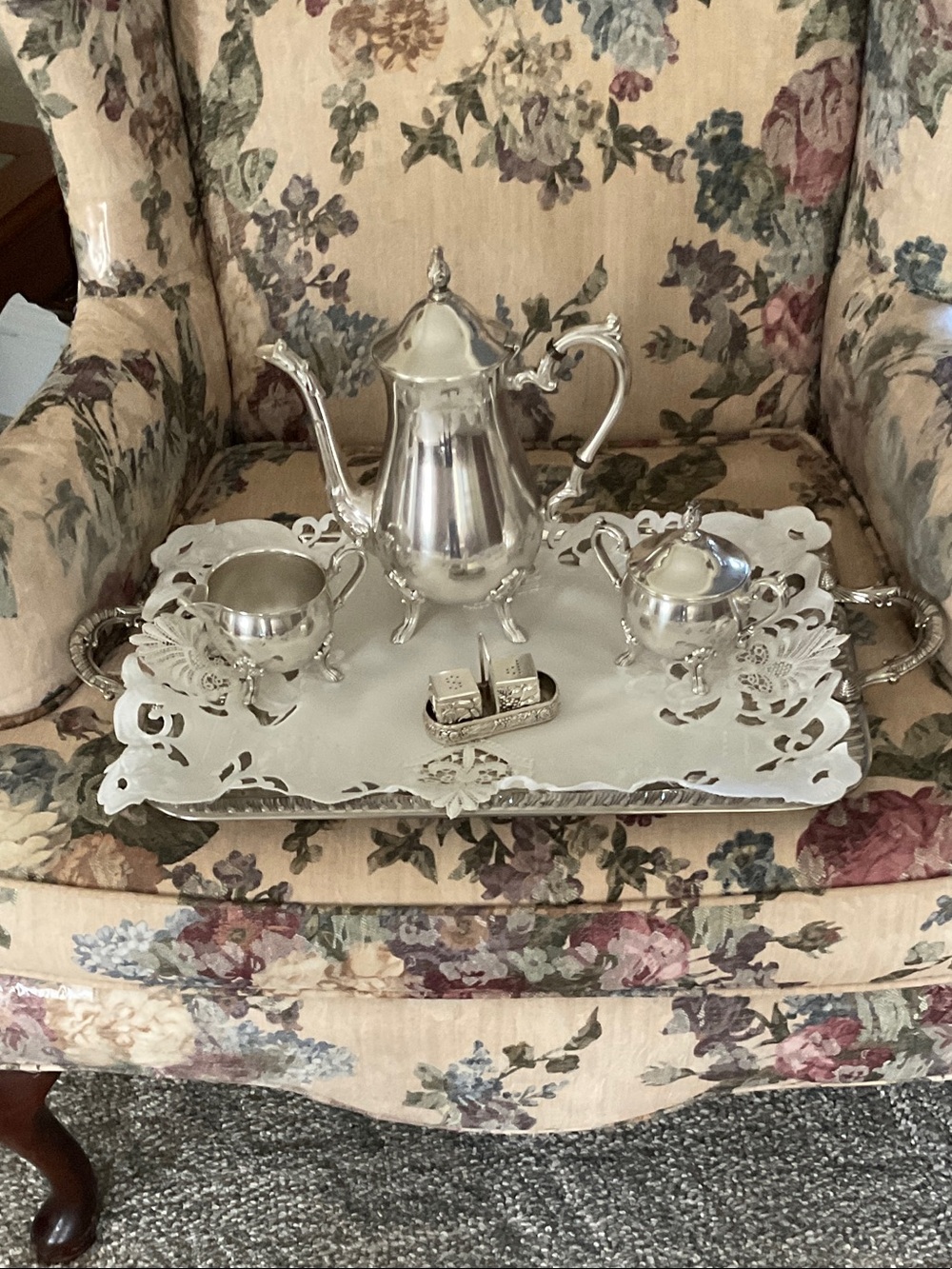 5 PIECE ANTIQUE SILVER PLATED COFFEE/TEA SERVICE